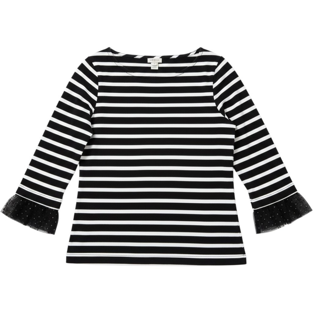 J Crew Womens XS Black White Breton Striped Boatneck Top Tulle Ruffle Cuff